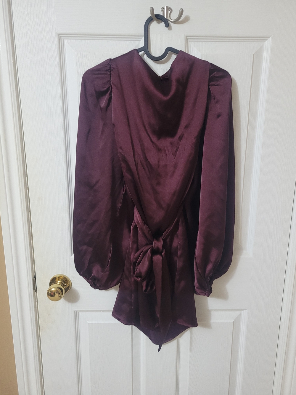 Dynamite Satin Long-Sleeve Mini Dress in Plum